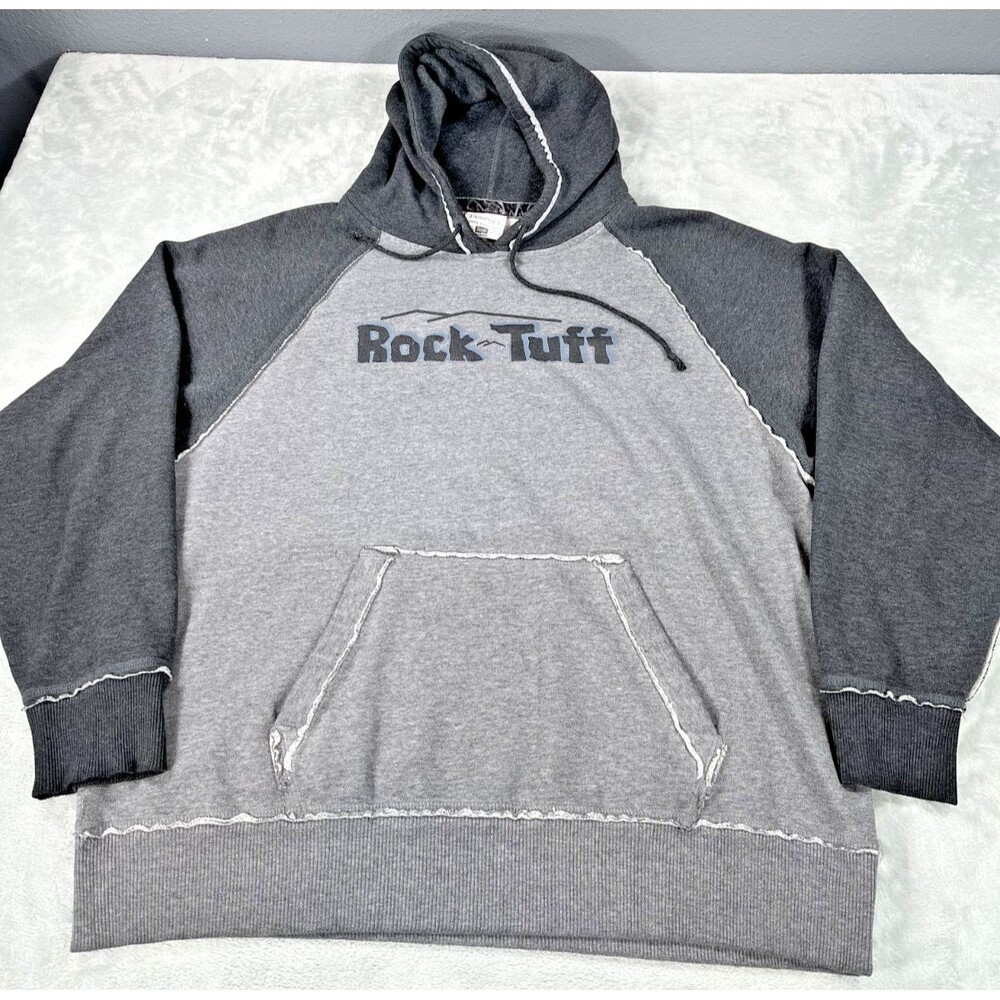 J. America Vintage Heather Raglan Hoodie Mens L Rock Tuff Grey Black Raw Edge